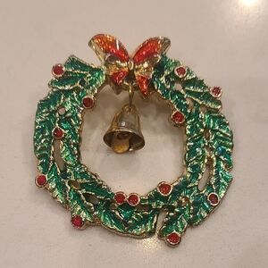 Festive Gold and Green Wreath Brooch with Bell